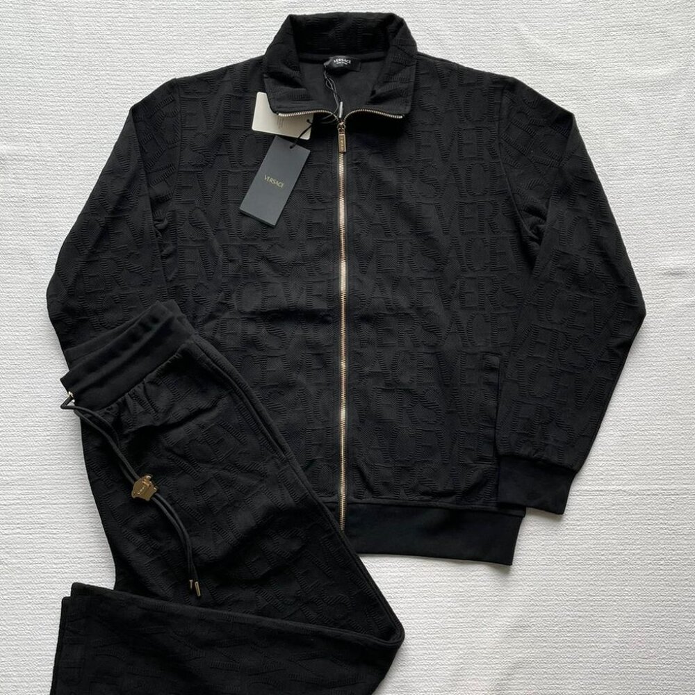 Versace Men's Black Embossed Logo Tracksuit Luxury Designer Set Small